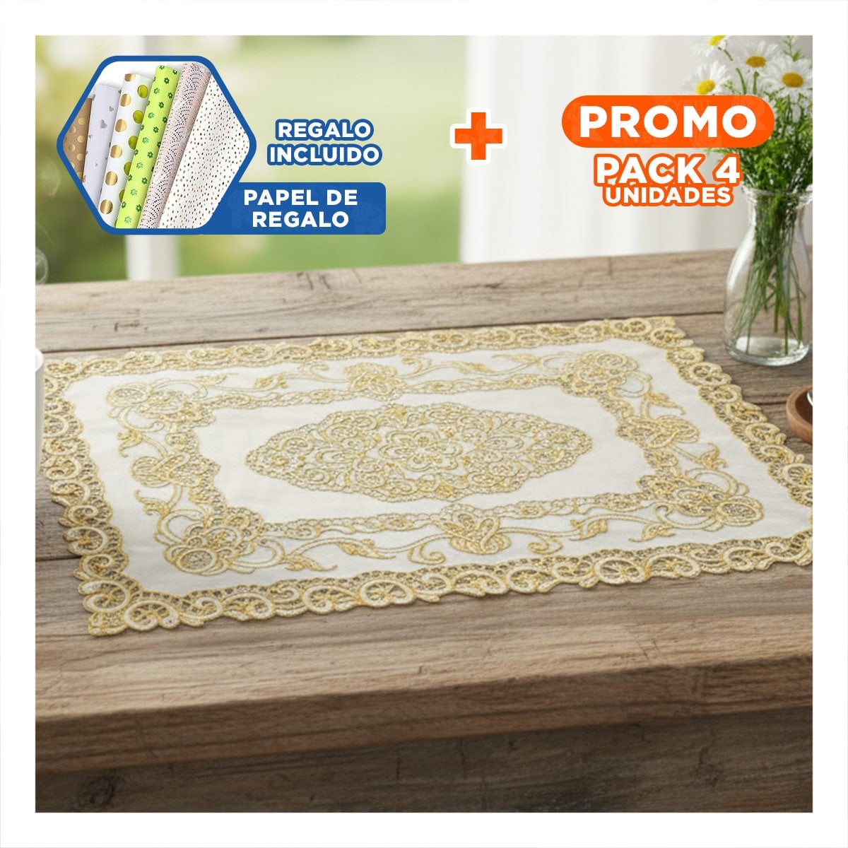 PACK4 INDIVIDUAL DORADO ELEGANTE CON DISEÑO FLORAL PARA HOGAR MODERNO Y+PAPEL REGALO - 1