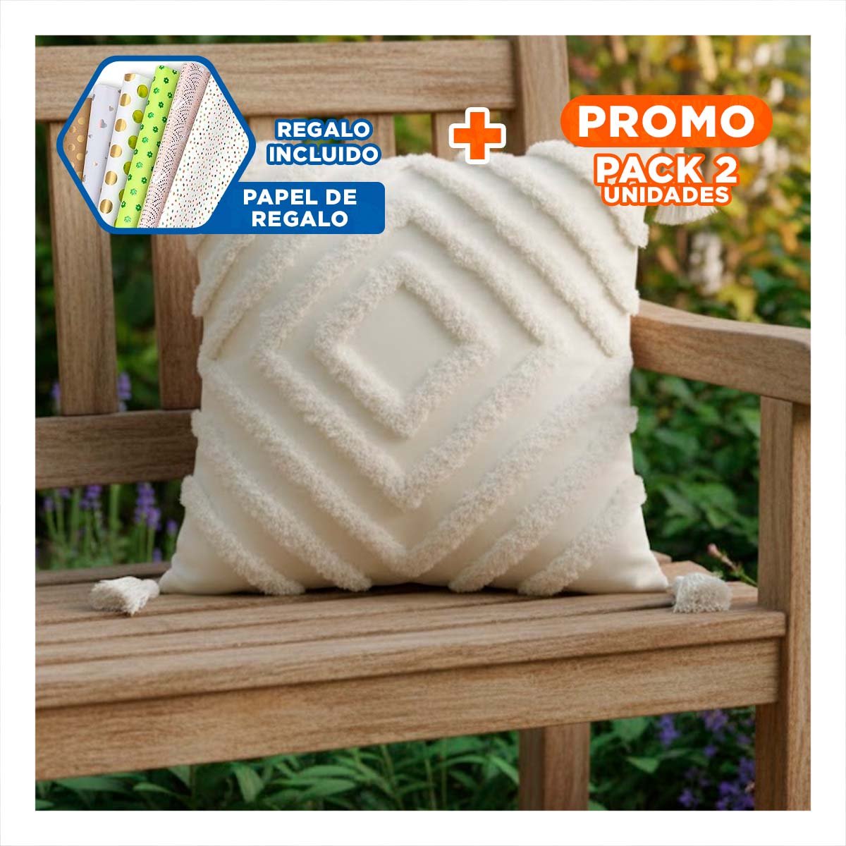 PACK2 FUNDA EN SUPERFICIE CREMA DE POLIESTER CON PATRON BOHO ROMBOS YPAPEL REGALO - 1