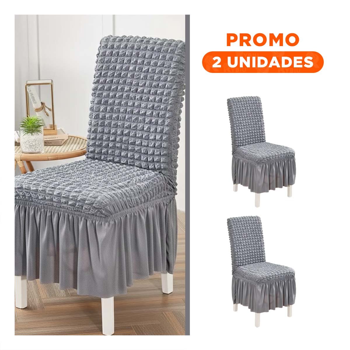 PACK2 FUNDA PARA SILLA COLOR PLOMO ELASTICA CON PATRON TEXTURIZADO CUADRADO - 1