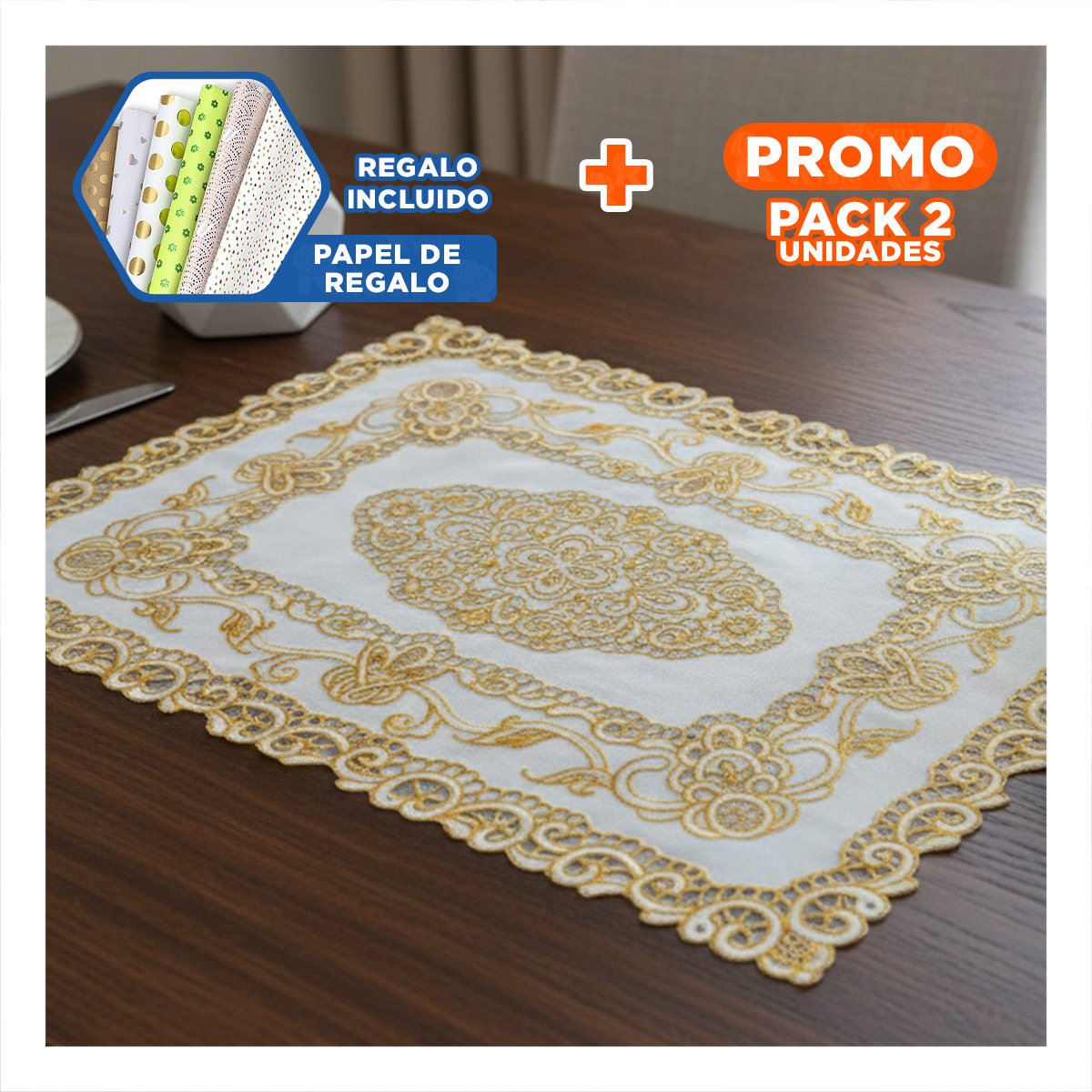 PACK2 MANTEL MODERNO DORADO CON FLORES PARA DECORACION DE CASA Y+PAPEL REGALO - 1