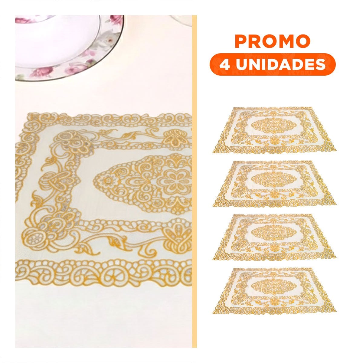 PACK4 INDIVIDUAL DORADO MODERNO CON ENCAJE FLORAL PARA CELEBRACION Y+REGALO STICKER - 1