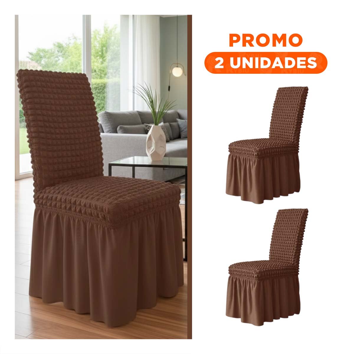 PACK2 FUNDA PARA SILLA COLOR MARRON ELASTICA CON PATRON TEXTURIZADO CUADRADO - 1