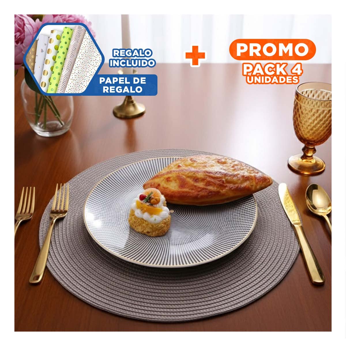 PACK4 PLATO TEXTIL INDIVIDUAL CIRCULAR BOHO MORADO PARA HOGAR Y+PAPEL REGALO - 1