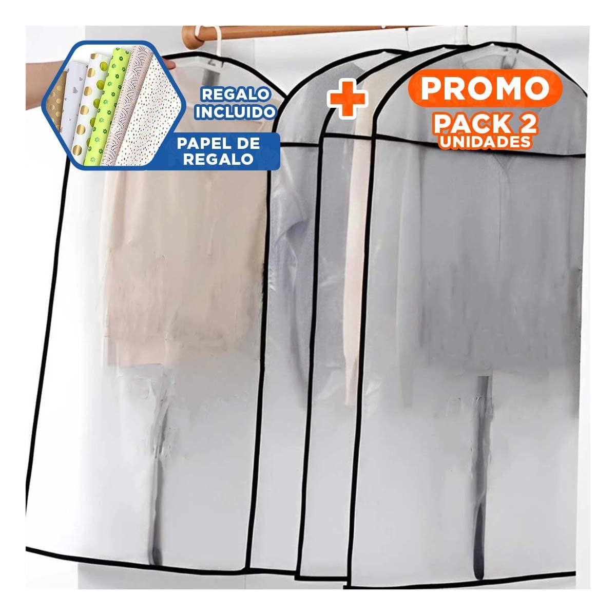 PACK2 CUBIERTA PARA ROPA FORMAL PARA MANTENER LIMPIEZA 60CMX80CM BLANCO Y+PAPEL REGALO - 1