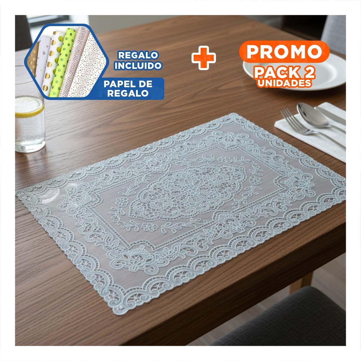 PACK2 TAPETE MODERNO PLATEADO CON DISEÑO DE ENCAJE Y RAMAS PARA CASA FESTIVA Y+PAPEL REGALO - 1