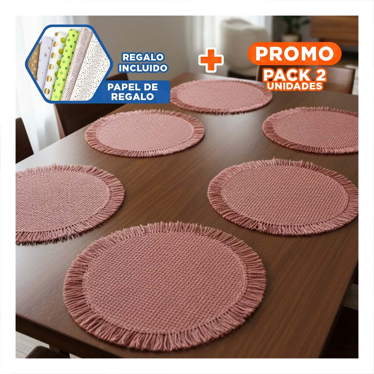 PACK2 INDIVIDUALES CON FORMA CIRCULAR TEJIDA FLECOS ROSADO SET DE 6 PIEZAS Y+PAPEL REGALO - 1