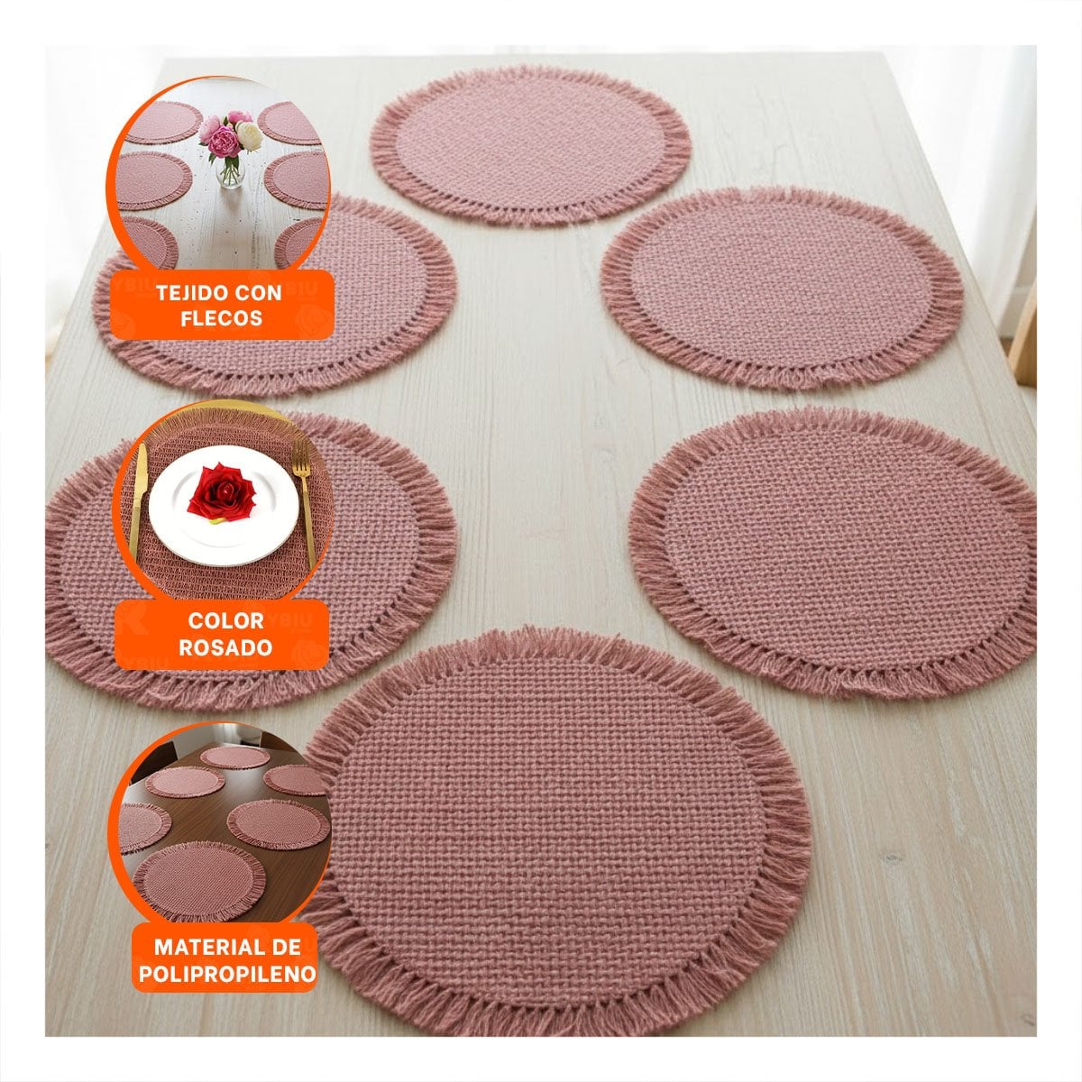 PACK2 INDIVIDUALES CON FORMA CIRCULAR TEJIDA FLECOS ROSADO SET DE 6 PIEZAS Y+PAPEL REGALO - 5