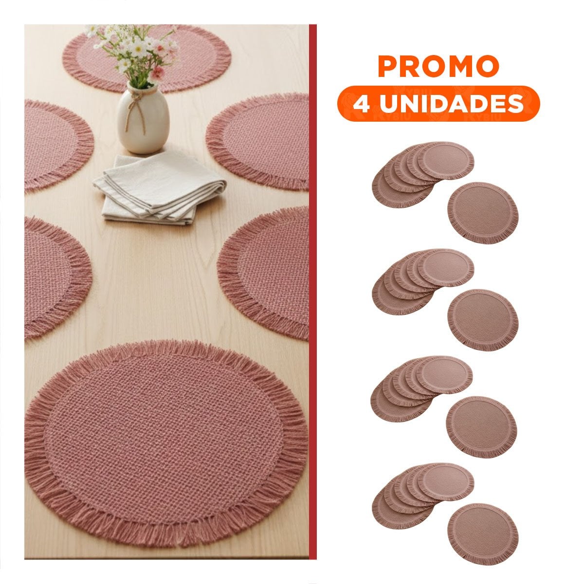 PACK4 CUBREMESAS CIRCULARES TEJIDOS CON FLECOS ROSADO INCLUIDOS EN SET DE 6 Y+REGALO STICKER - 1