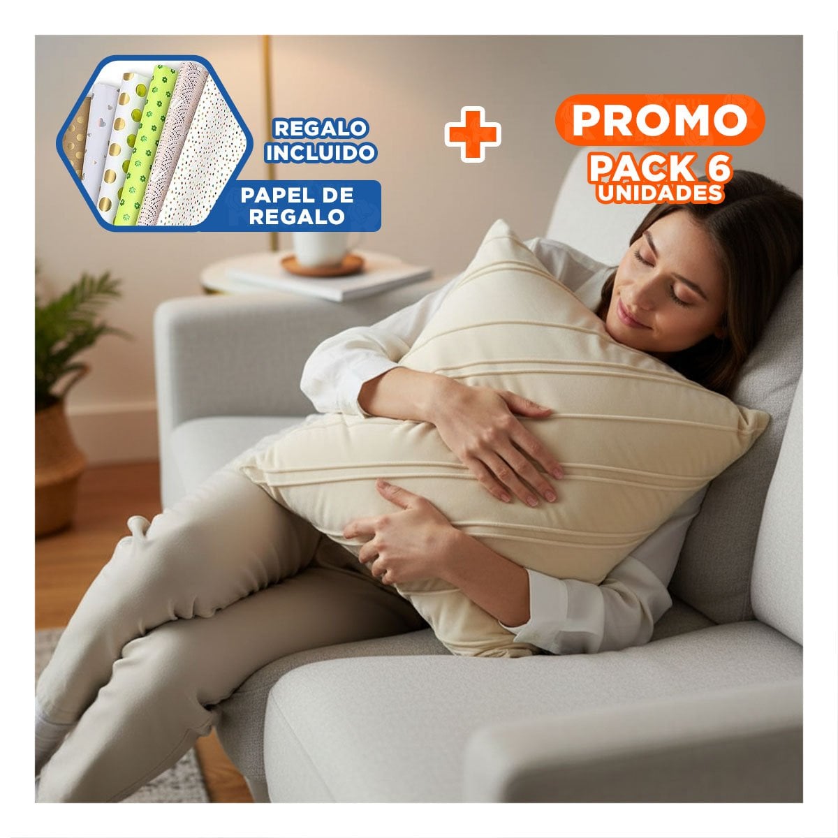 PACK6 CAPA PARA ALMOHADA CON ENFOQUE VISUAL EN TERCIOPELO CREMA DE 45CM Y+PAPEL REGALO - 1