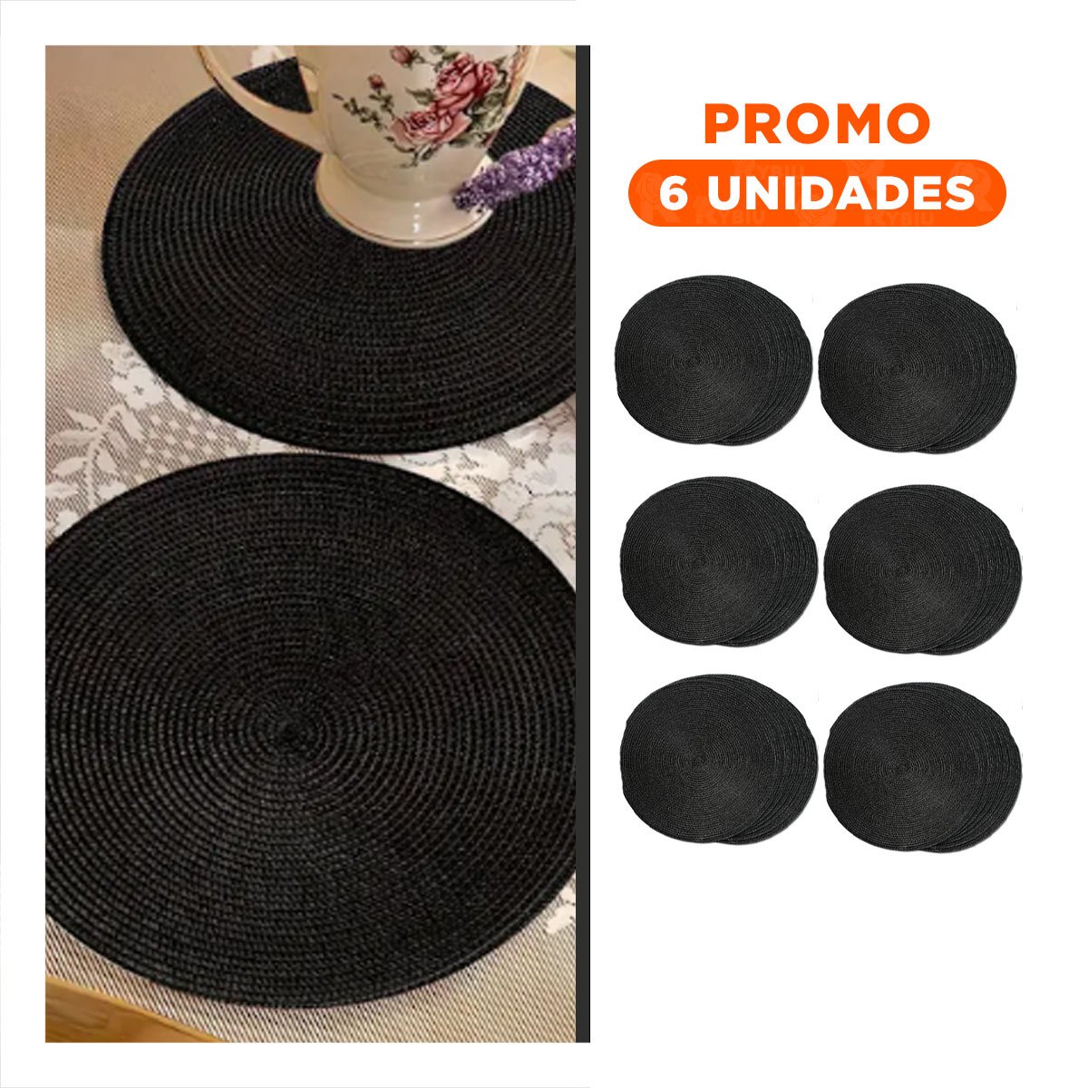 PACK6 PLATO TEXTIL DE MESA CIRCULAR BOHO NEGRO PARA COMEDOR - 1