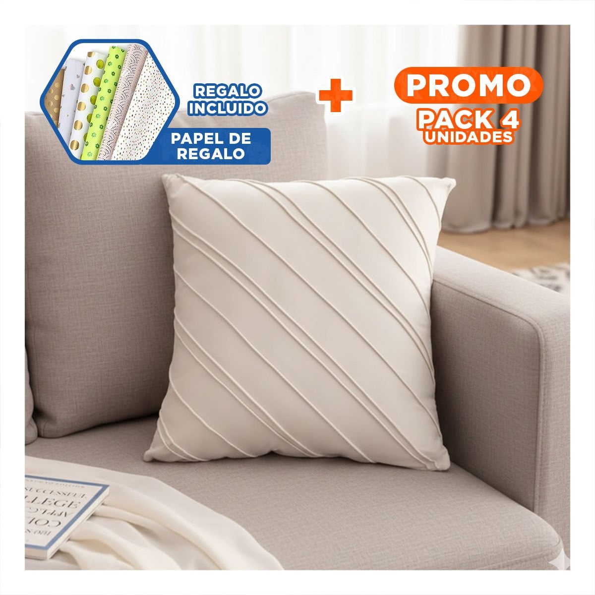 PACK4 COJIN HOGARENO TERCIOPELO RAYAS DIAGONALES BLANCO 45CM PERFECTO PARA SALA YPAPEL REGALO - 1