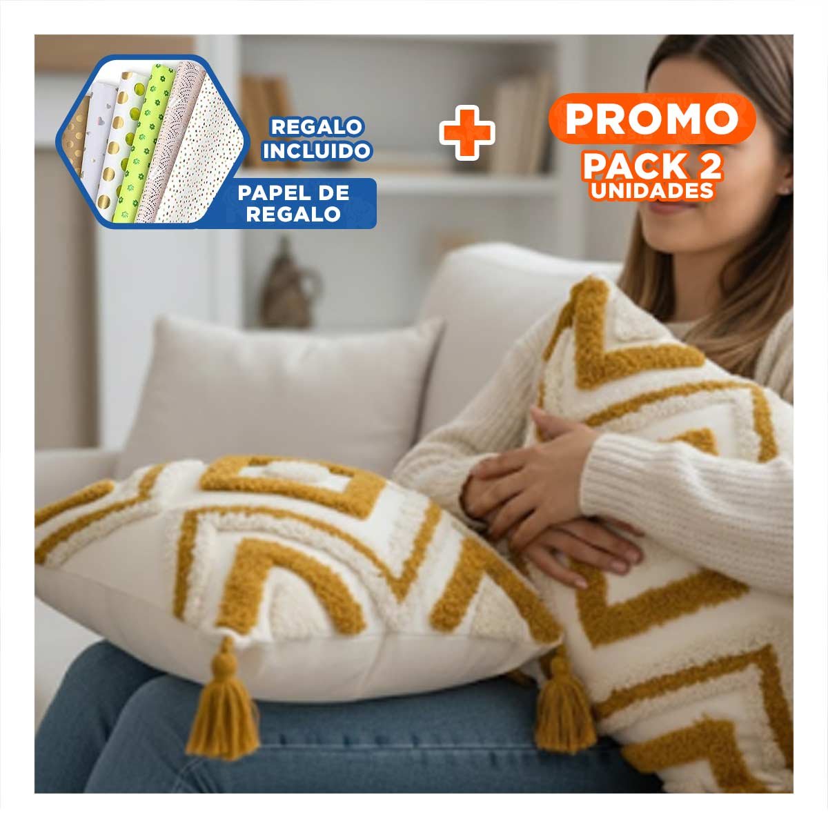 PACK2 FUNDA EN SUPERFICIE CREMA Y AMARILLO DE POLIESTER CON PATRON BOHO ROMBOS Y+PAPEL REGALO - 1