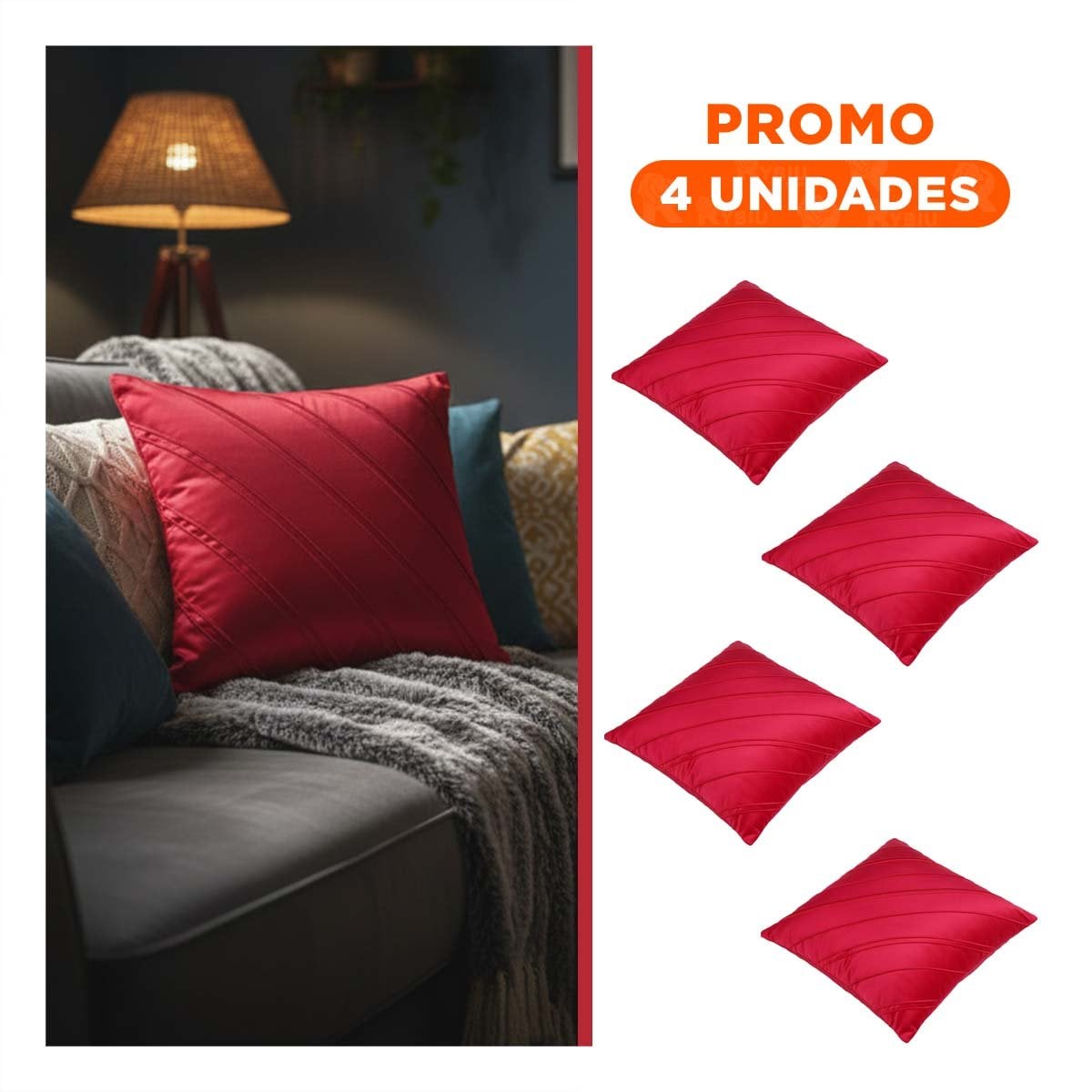 PACK4 CAPA PENSADA PARA ALMOHADA CON PATRON DIAGONAL Y SUPERFICIE ROJA Y+REGALO STICKER - 1