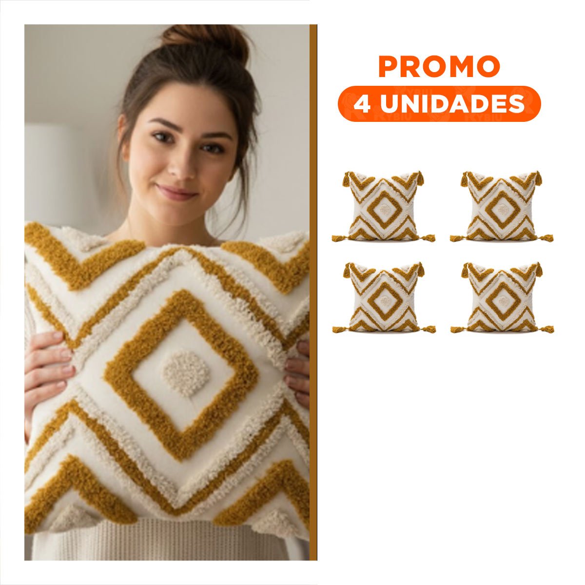 PACK4 FORRO DECORATIVO CON ESTILO BOHO Y ROMBOS POLIESTER CREMA Y AMARILLO Y+REGALO STICKER - 1
