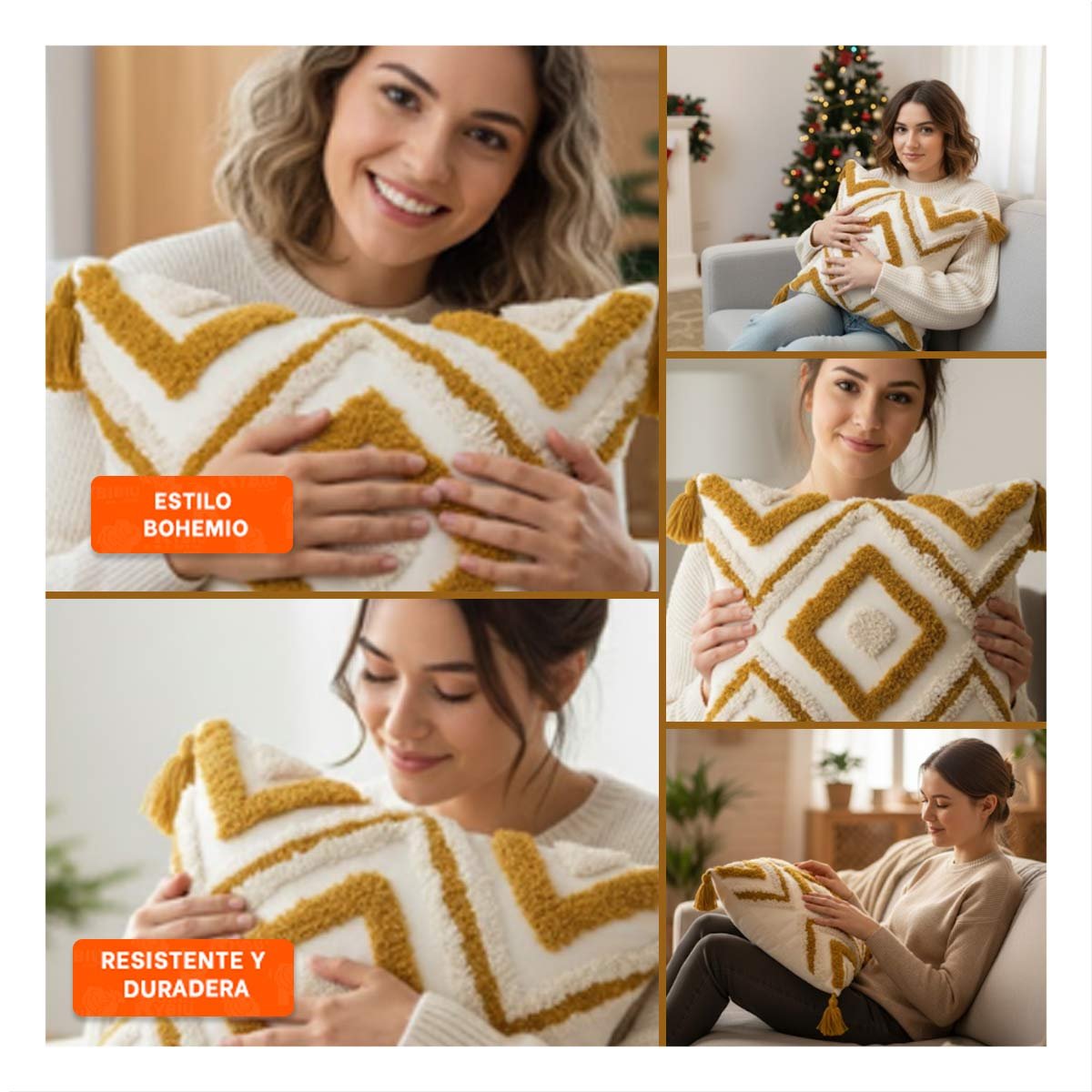 PACK4 FORRO DECORATIVO CON ESTILO BOHO Y ROMBOS POLIESTER CREMA Y AMARILLO Y+REGALO STICKER - 2