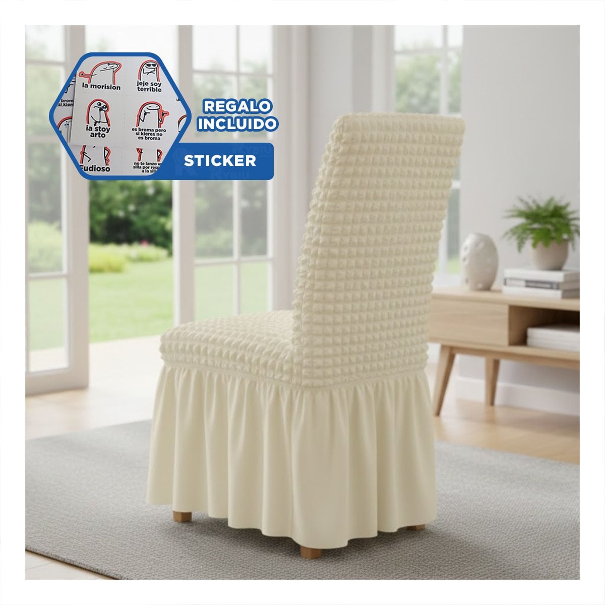 CUBIERTA ELASTICA COLOR CREMA PARA SILLA CON RELIEVE GEOMETRICO CUADRADO Y+REGALO STICKER - 1