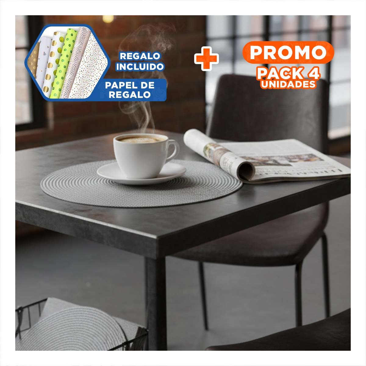 PACK4 INDIVIDUAL PARA SUPERFICIE DE MESA CIRCULAR EN PLATEADO PAJITA BRILLOSO Y+PAPEL REGALO - 1
