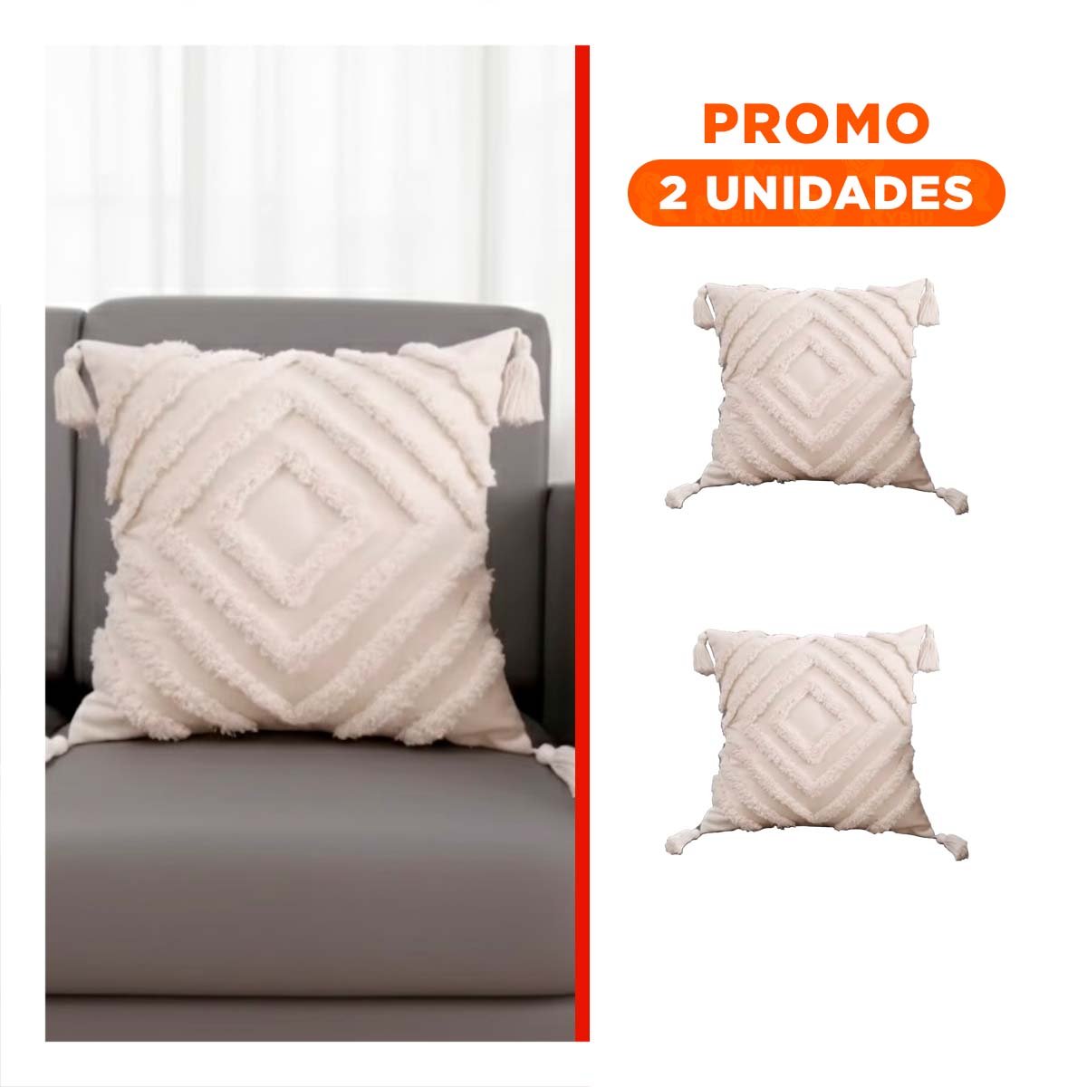 PACK2 FUNDA CON ESTILO BOHO Y ROMBOS CRECIENDO EN POLIESTER DE 45CM COLOR CREMA - 1