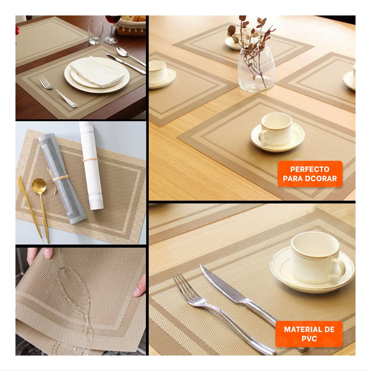 PACK6 MANTEL DE MESA INDIVIDUAL RECTANGULAR 6 PIEZAS ESTILO DORADO HOGAR Y+PAPEL REGALO - 3