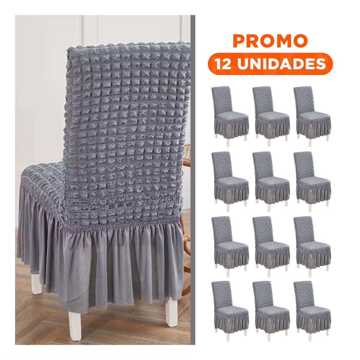 PACK12 PROTECTOR ELASTICA PARA SILLA CON RELIEVE CUADRADO COLOR PLOMO Y+REGALO STICKER - 1
