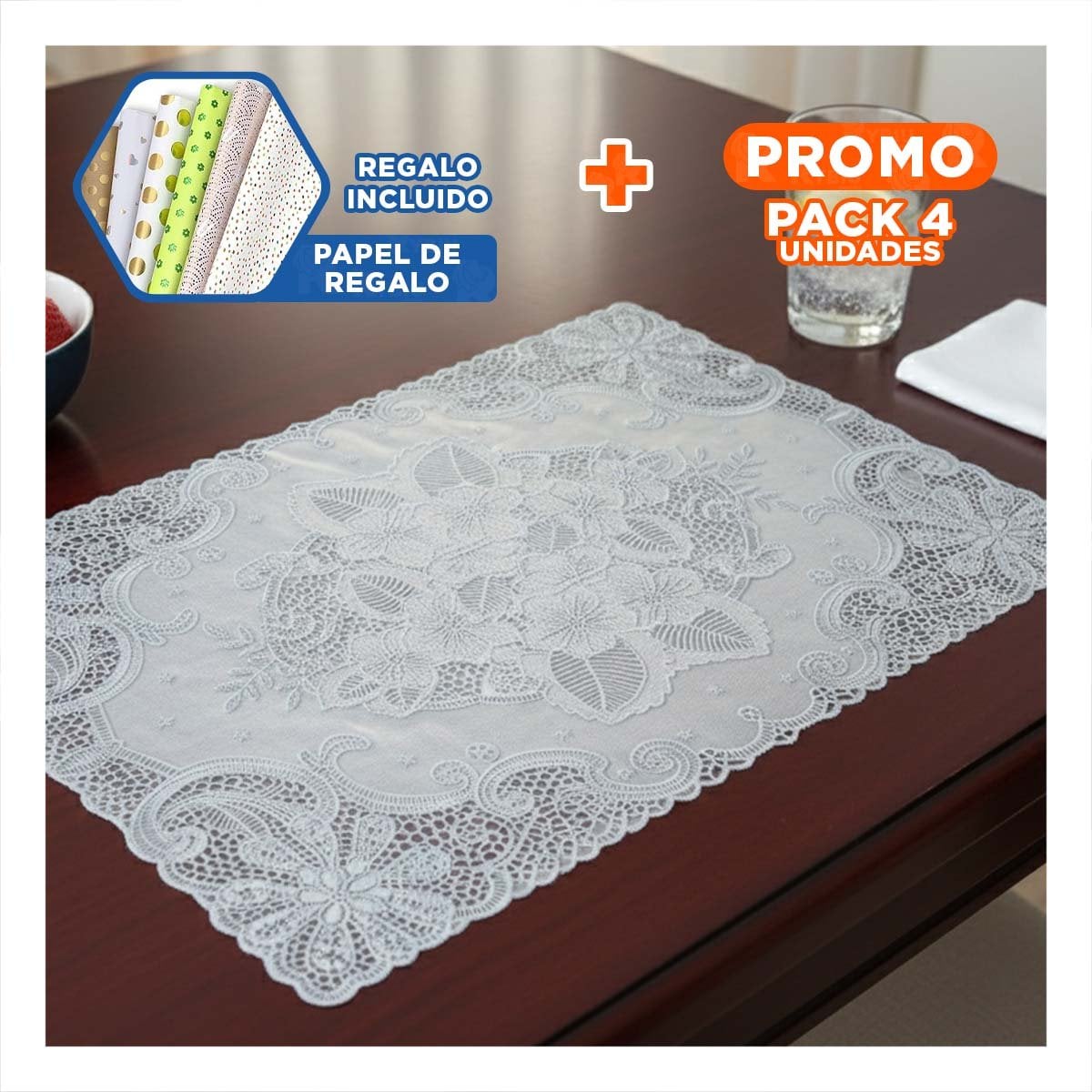 PACK4 INDIVIDUAL PLATEADO ELEGANTE CON DISEÑO FLORAL PARA HOGAR MODERNO Y+PAPEL REGALO - 1