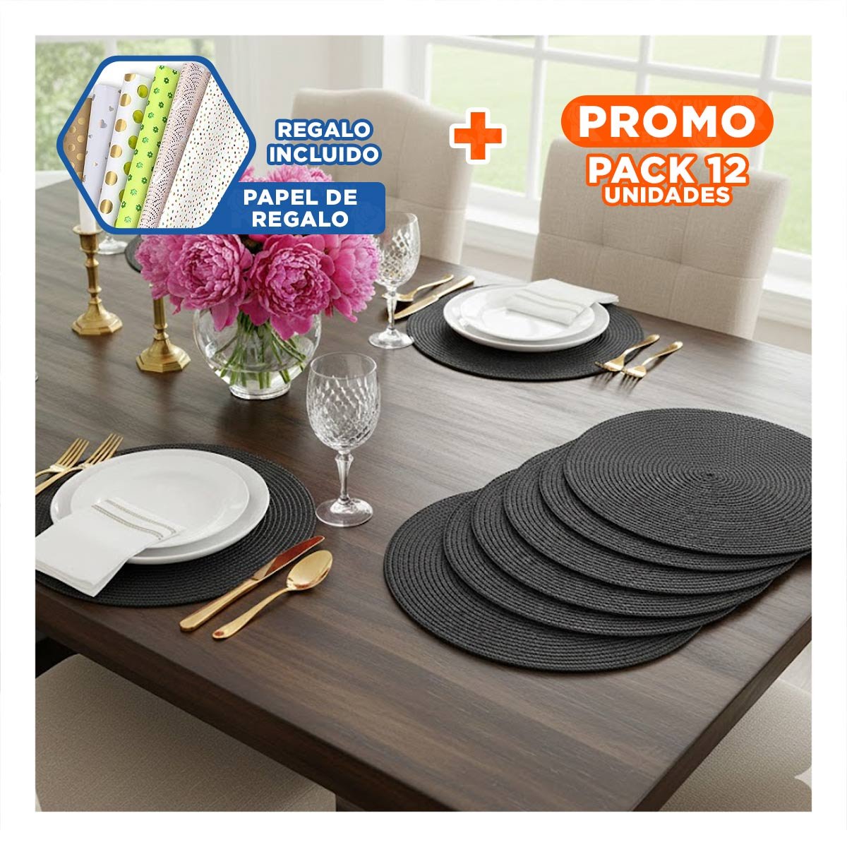 PACK12 PROTECTOR TEXTIL CIRCULAR BOHO NEGRO PARA COMEDOR YPAPEL REGALO - 1