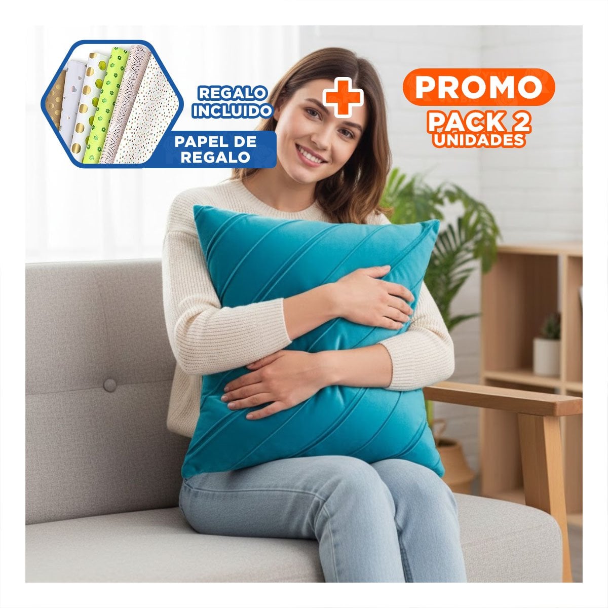 PACK2 FUNDA PARA ALMOHADA CON TERCIOPELO Y DIAGONALES DE COLOR TURQUEZA Y+PAPEL REGALO - 1