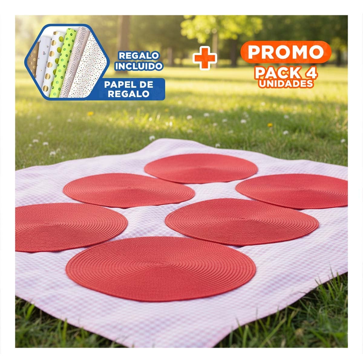 PACK4 INDIVIDUAL PARA SUPERFICIE DE MESA CIRCULAR EN ROJO PAJITA MATE Y+PAPEL REGALO - 1