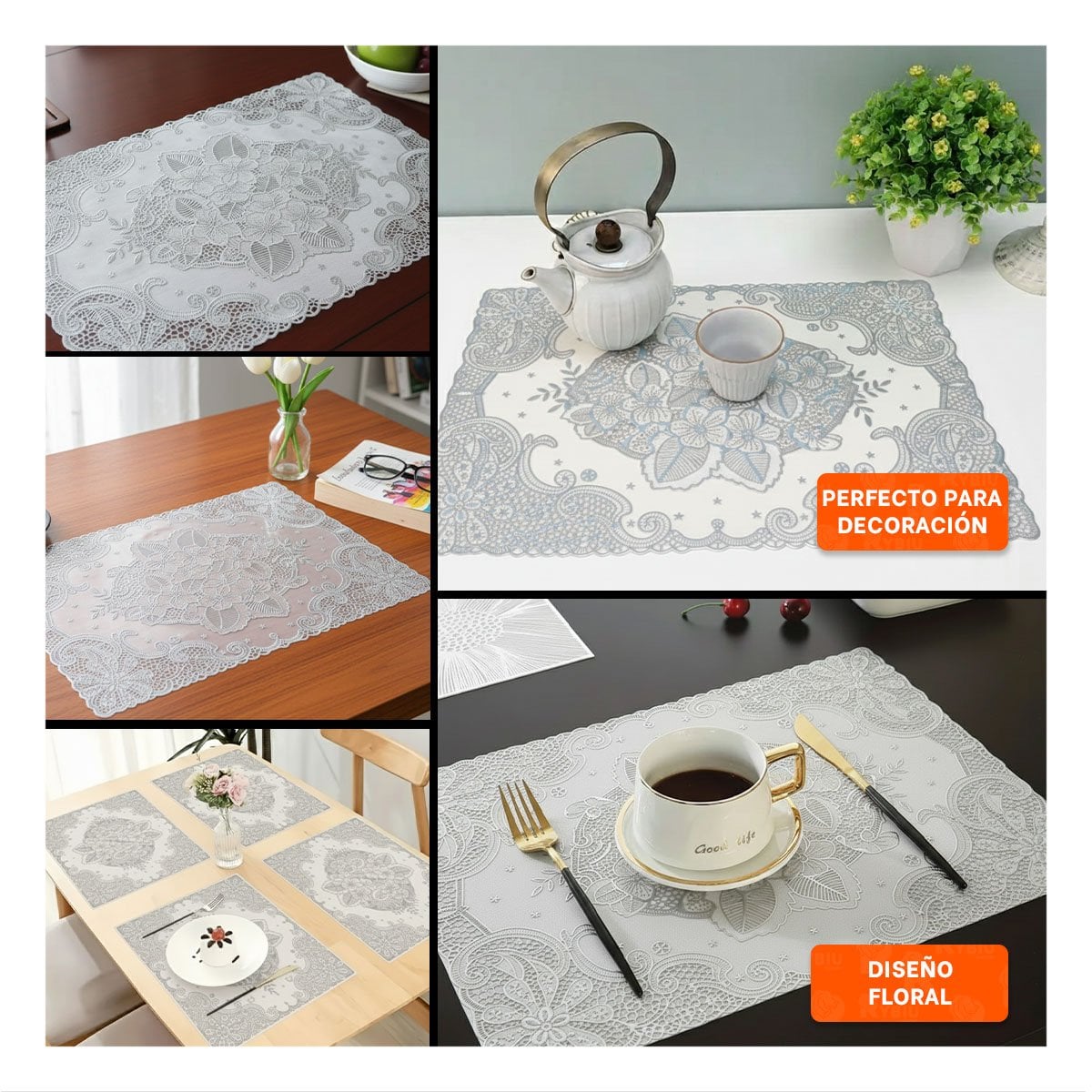 MANTEL PLATEADO CON DETALLE DE ENCAJE FLORAL PARA DECORACION MODERNA Y+LIGAS REGALO - 5