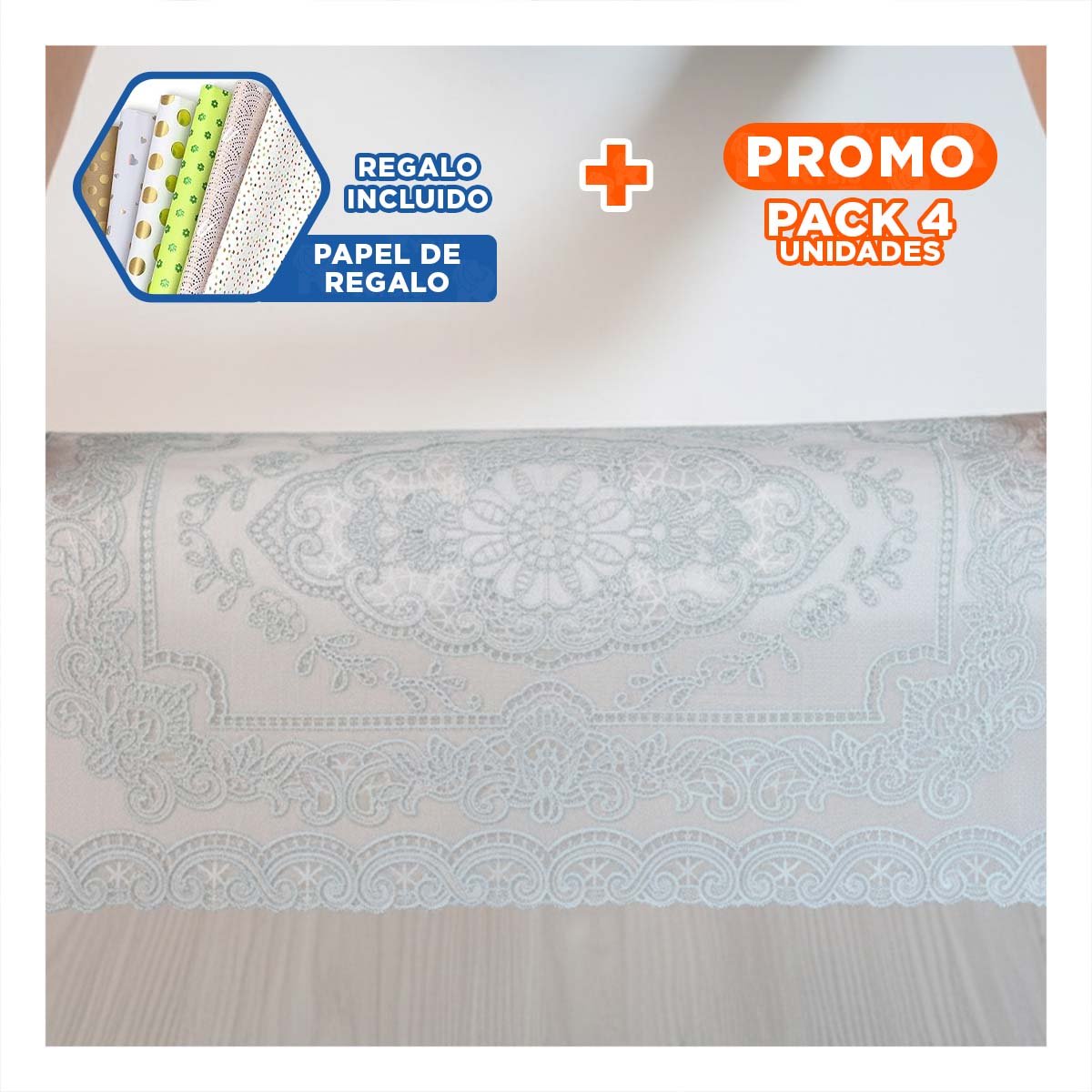 PACK4 MANTEL DECORATIVO PLATEADO CON DISEÑO DE FLORES Y RAMAS PARA MESA Y+PAPEL REGALO - 1