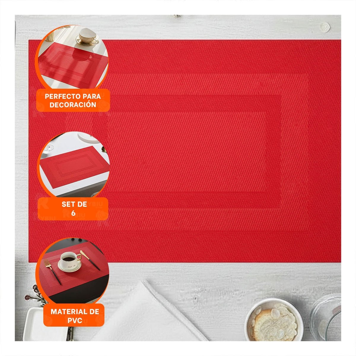 PACK DE 6 INDIVIDUALES RECTANGULARES CON BORDE RAYAS GUINDA PARA MESA Y+PAPEL REGALO - 5