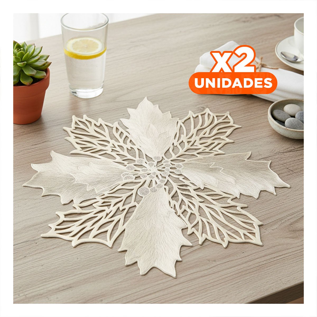 PACK2 LOTE PARA MESA 6 INDIVIDUALES FLOR DE PINA DORADO 42X42 CM NAVIDAD Y+REGALO STICKER - 1