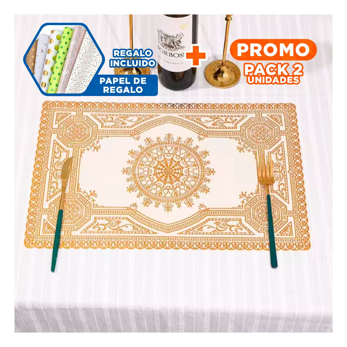 PACK2 MANTEL MODERNO DORADO CON MANDALA PARA DECORACIÓN DE CASA Y+PAPEL REGALO - 1