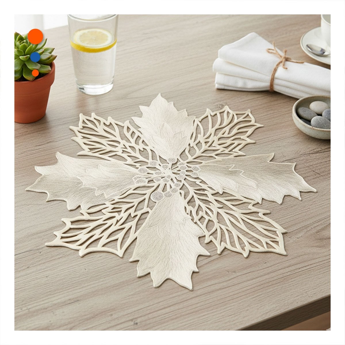 CONJUNTO DECORACION 6 INDIVIDUALES FLOR DE PINA DORADO 42X42 CM - 1
