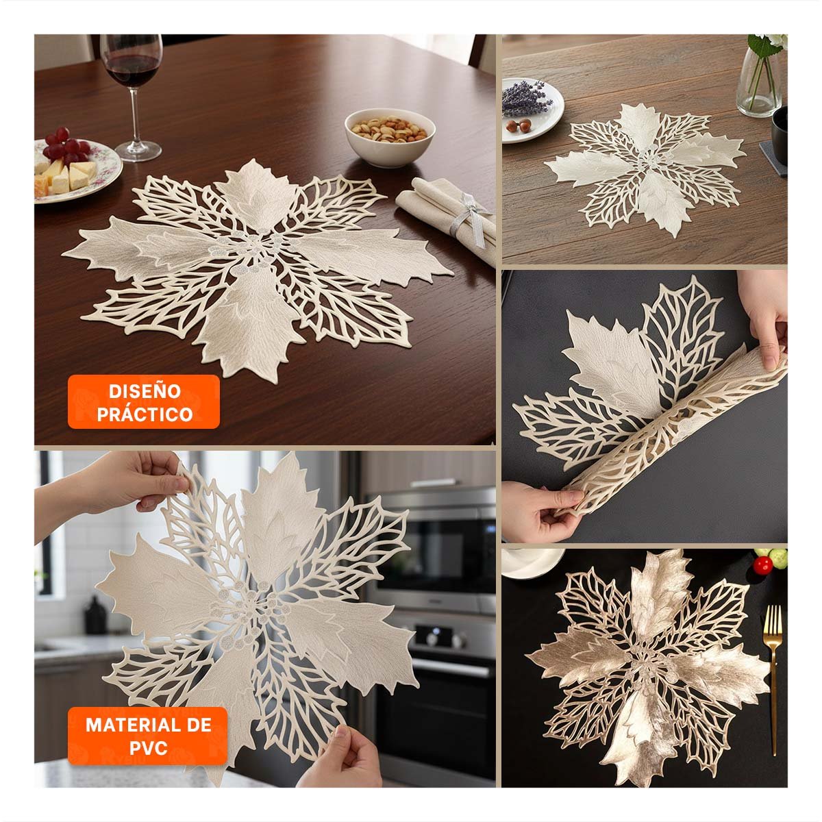 CONJUNTO DECORACION 6 INDIVIDUALES FLOR DE PINA DORADO 42X42 CM - 5