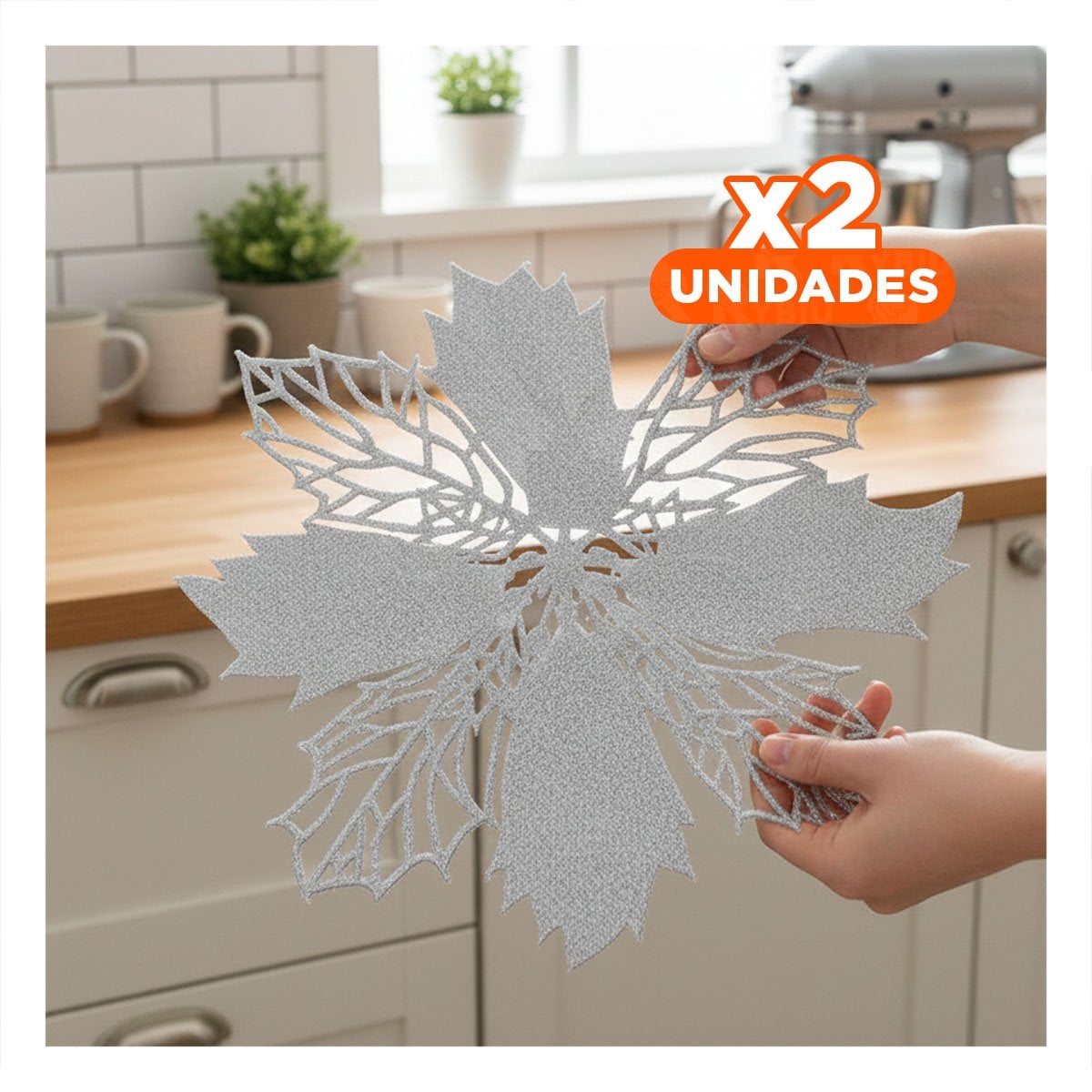 PACK2 LOTE PARA MESA 6 INDIVIDUALES FLOR DE PINA PLATEADO 42X42 CM NAVIDAD Y+REGALO STICKER - 1