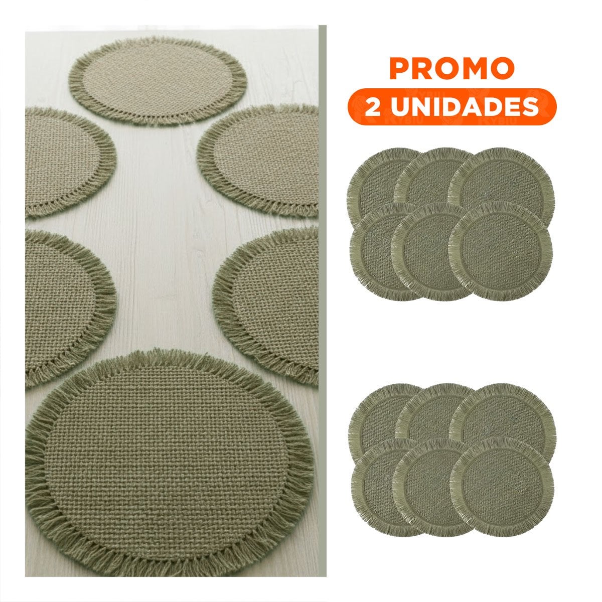 PACK2 INDIVIDUALES CIRCULARES DE TEJIDO VISIBLE CON FLECOS VERDE SET DE 6 DE 38CM - 1