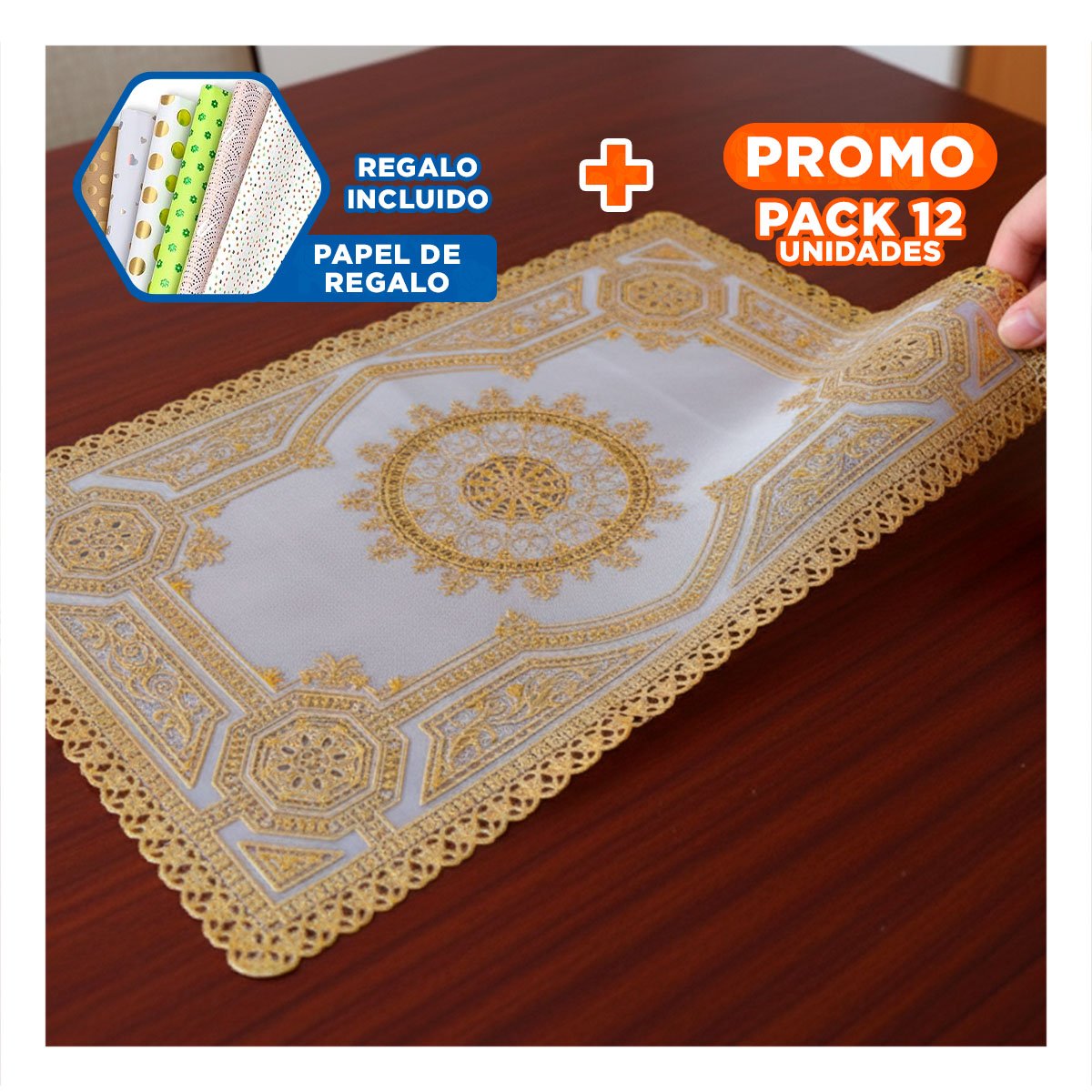 PACK12 CUBIERTA DORADA MODERNA CON MOTIVO DE ENCAJE MANDALA PARA DECORACIÓN Y+PAPEL REGALO - 1