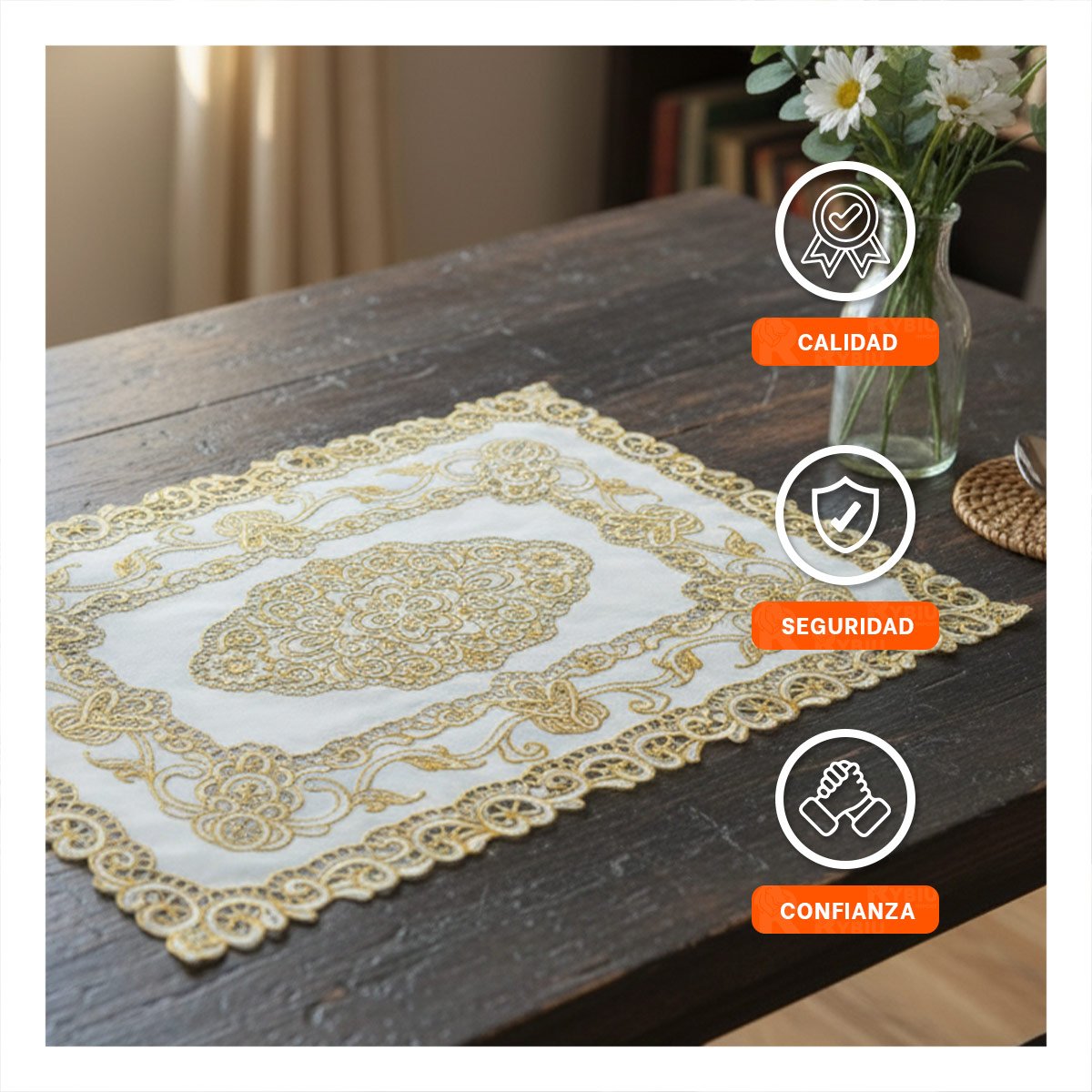 TAPETE MODERNO DORADO CON DISEÑO DE ENCAJE PARA CASA FESTIVA Y+PAPEL REGALO - 3