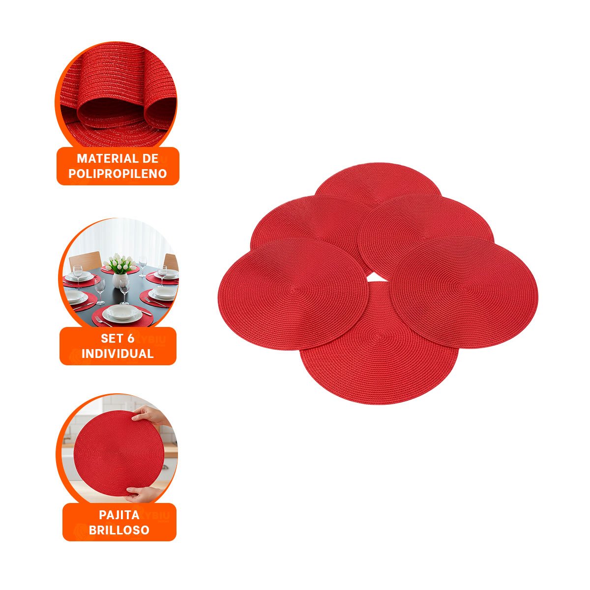MANTEL INDIVIDUAL CIRCULAR ROJO PAJITA BRILLOSO PARA MESA CON SET DE SEIS - 3