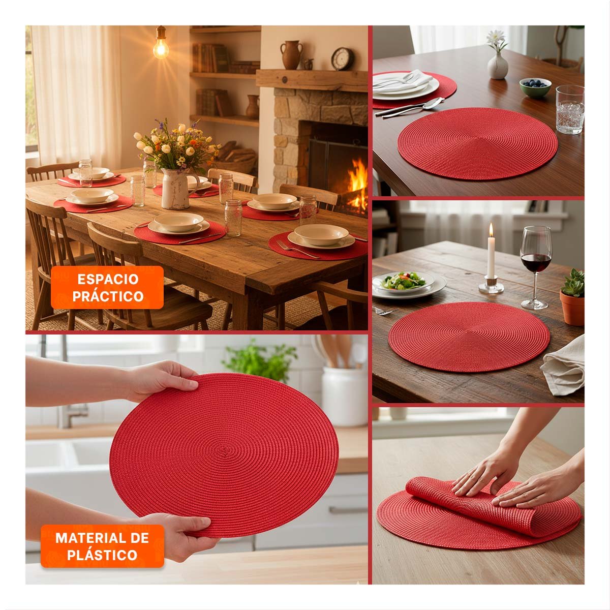 MANTEL INDIVIDUAL CIRCULAR ROJO PAJITA BRILLOSO PARA MESA CON SET DE SEIS - 5