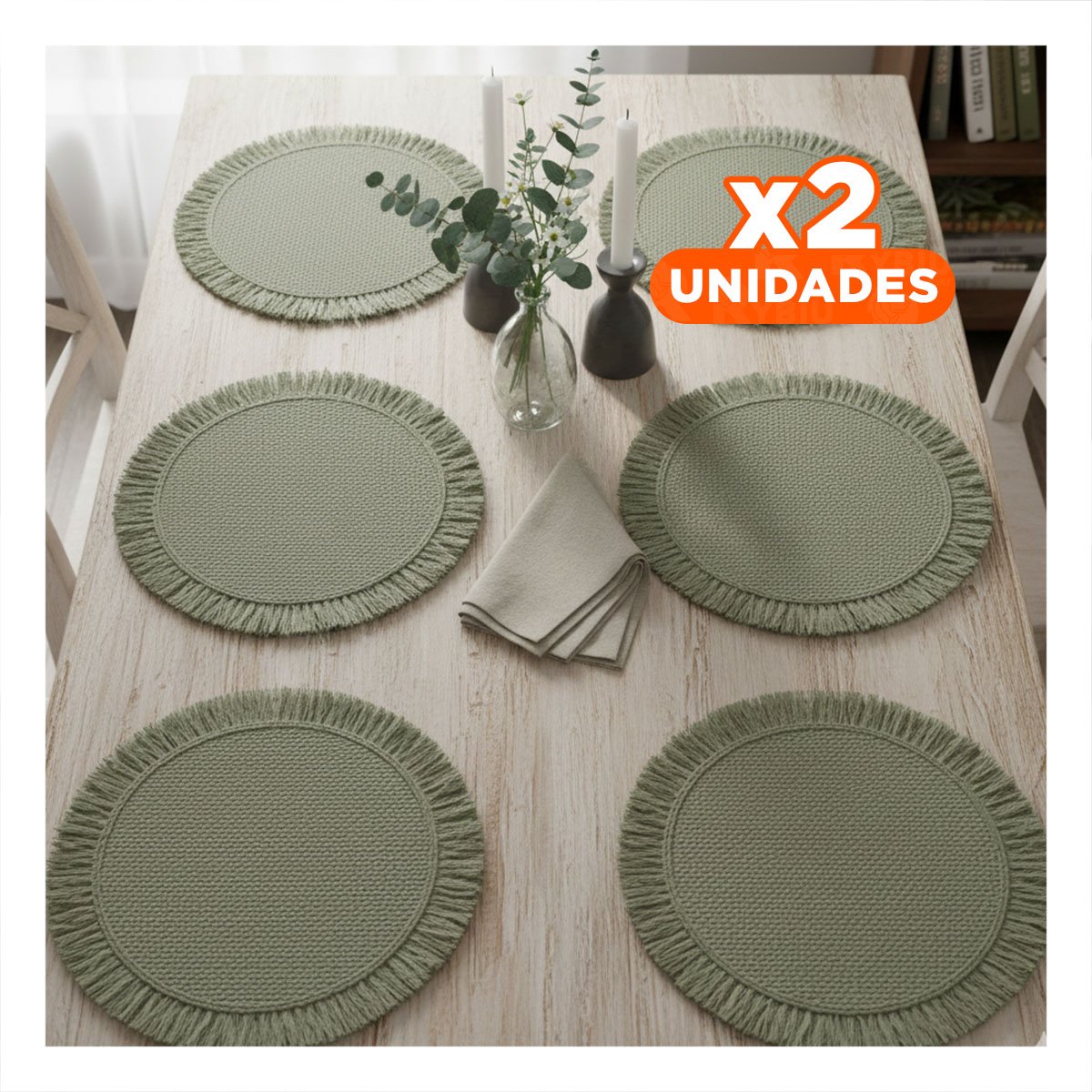 PACK2 INDIVIDUALES TEJIDOS PARA MESA CON FLECOS EN COLOR VERDE SET DE 6 Y+REGALO STICKER - 1