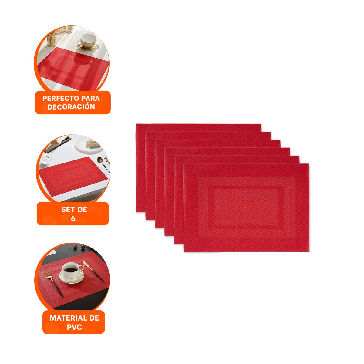 CONJUNTO DE INDIVIDUALES 6 PIEZAS RECTANGULARES BORDE RAYAS GUINDA - 3