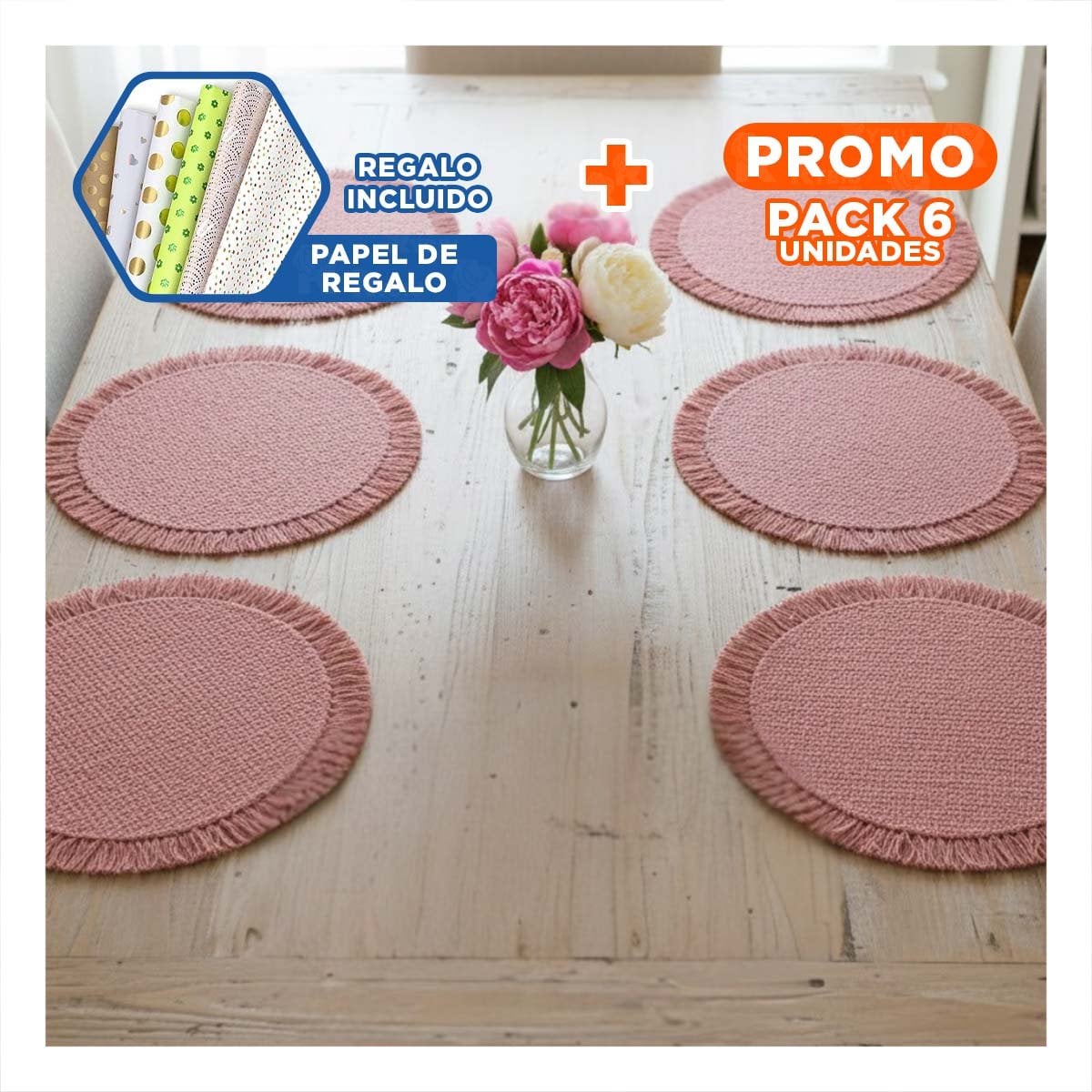 PACK6 ACCESORIOS TEJIDOS CIRCULARES CON FLECOS ROSADO PENSADOS EN SET DE 6 Y+PAPEL REGALO - 1