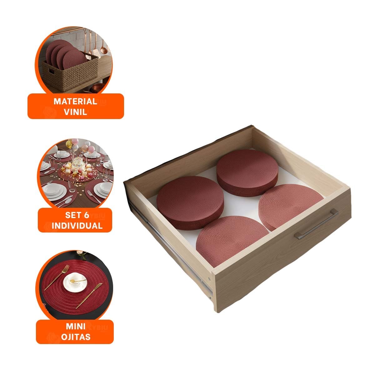 MANTEL INDIVIDUAL CIRCULAR ROJO MINI OJITAS PARA MESA CON SET DE SEIS - 3