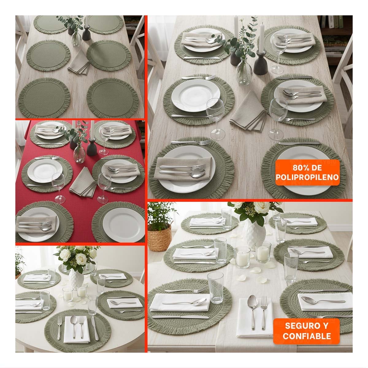 BASES CIRCULARES CON TEJIDO VISIBLE FLECOS VERDE EN SET DE 6 Y+POST IT - 1