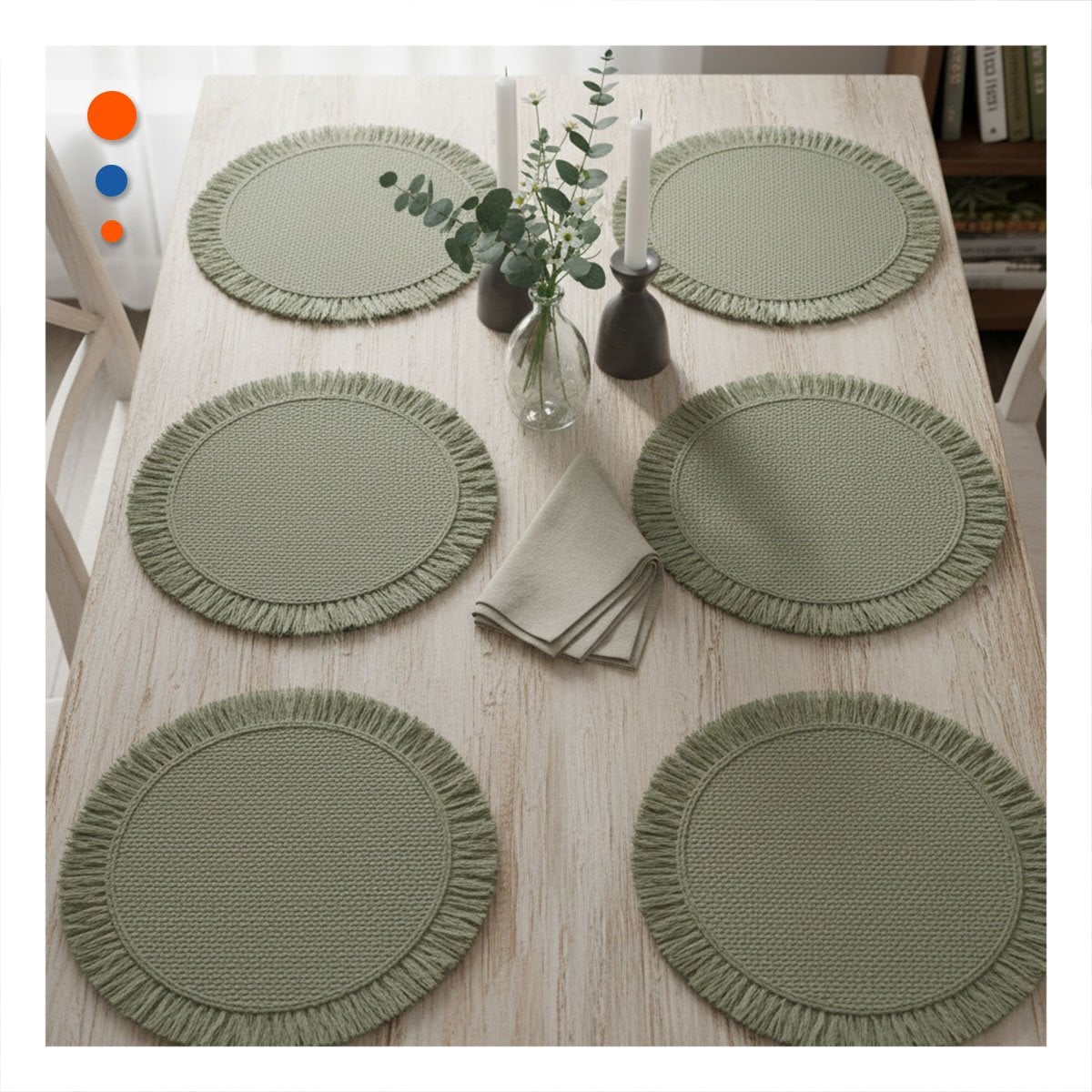 BASES CIRCULARES CON TEJIDO VISIBLE FLECOS VERDE EN SET DE 6 Y+POST IT - 3