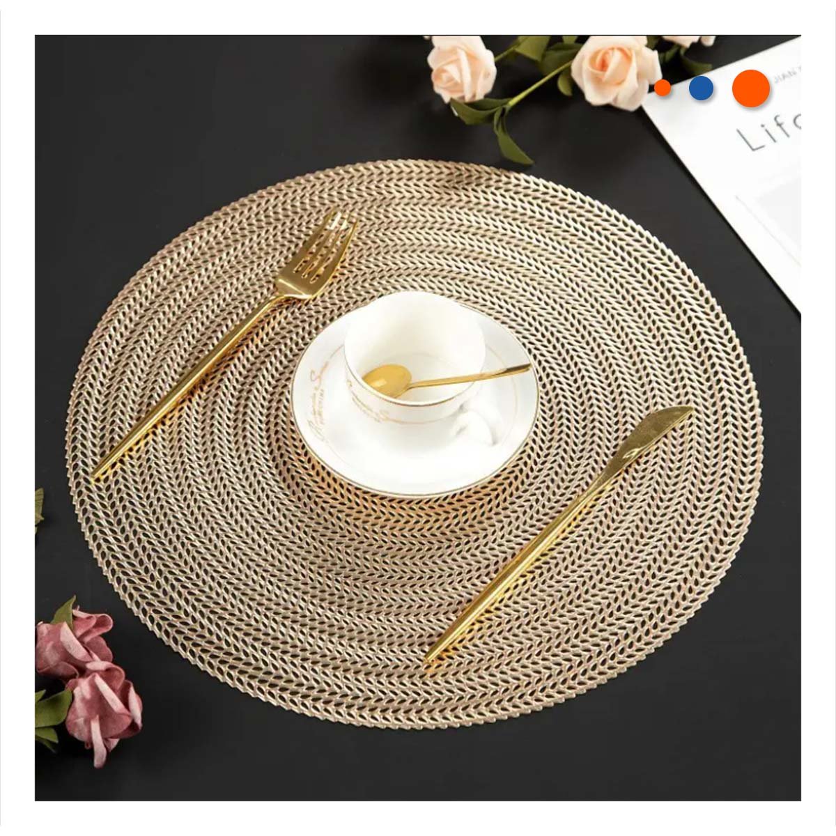 MANTEL INDIVIDUAL CIRCULAR DORADO MINI OJITAS PARA MESA CON SET DE SEIS - 2