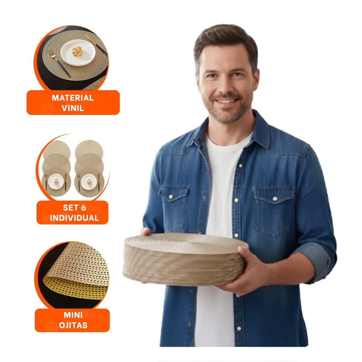 MANTEL INDIVIDUAL CIRCULAR DORADO MINI OJITAS PARA MESA CON SET DE SEIS - 3