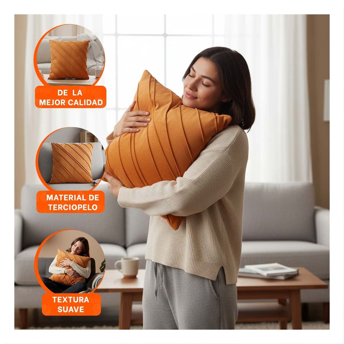 CUBIERTA PARA ALMOHADA CON TEXTURA SUAVE DE TERCIOPELO Y DIAGONALES EN NARANJA Y+PAPEL REGALO - 5